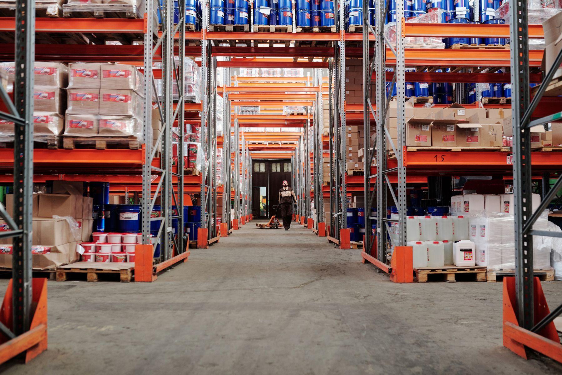 Stocked warehouse racking aisle